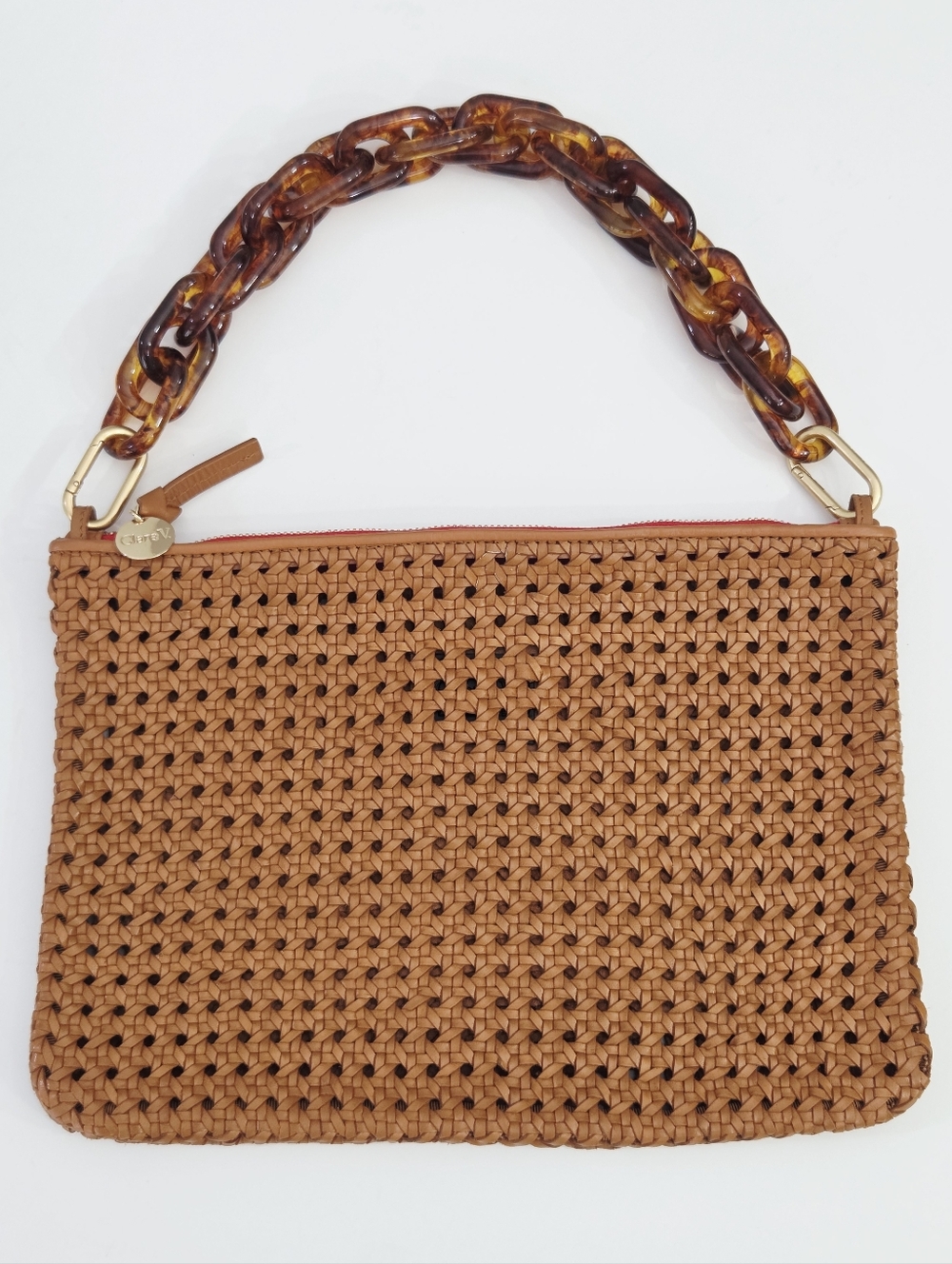CLARE V FLAT CLUTCH BAG WITH TABS - TAN RATTAN LEATHER + TORTOISE RESIN SHORTIE - Picture 2 of 11